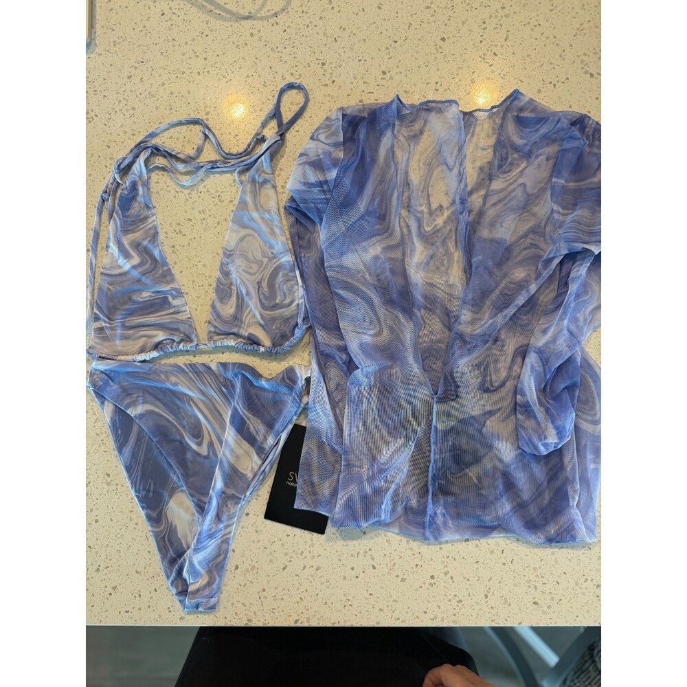 naked wardrobe 3pc Light Blue Blue Marble Swim Cover Up, Triangle Bikini Set S